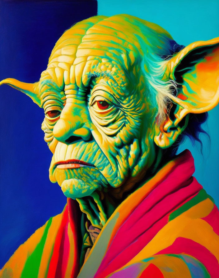Green-skinned character portrait on blue background with colorful robe