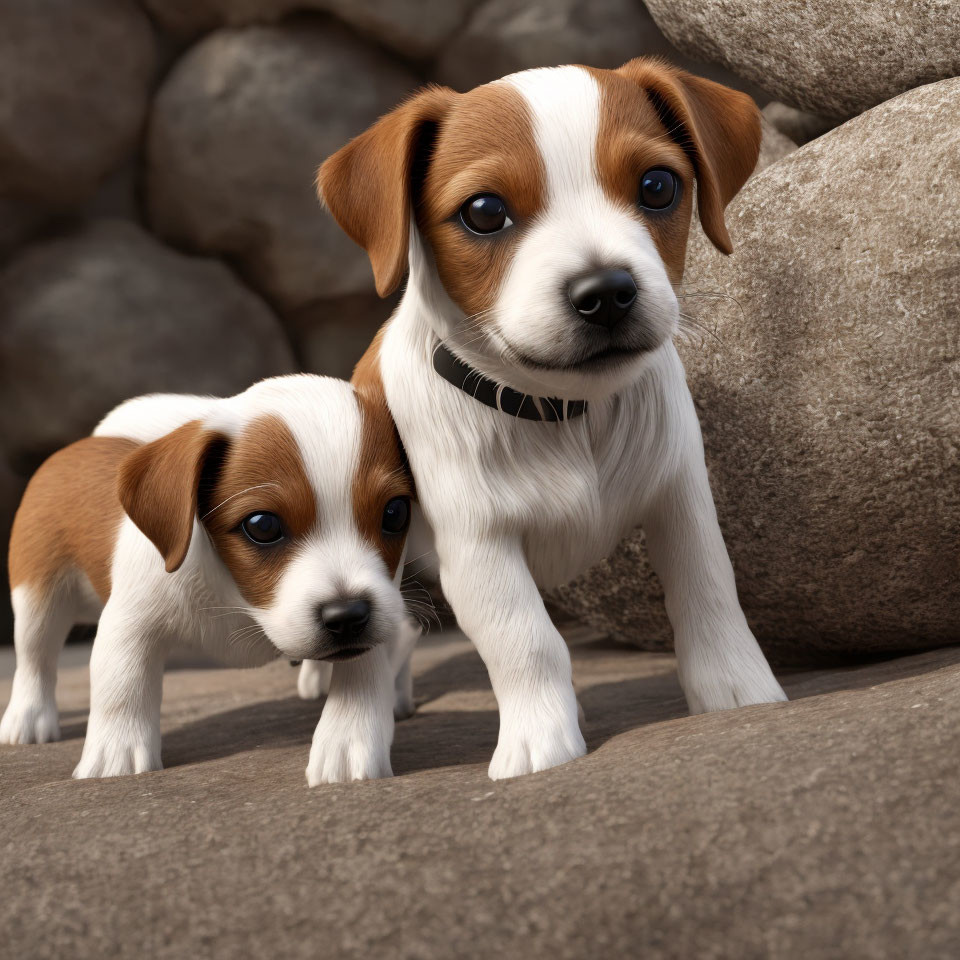 Brown and White Jack Russell Puppies Among Rocks