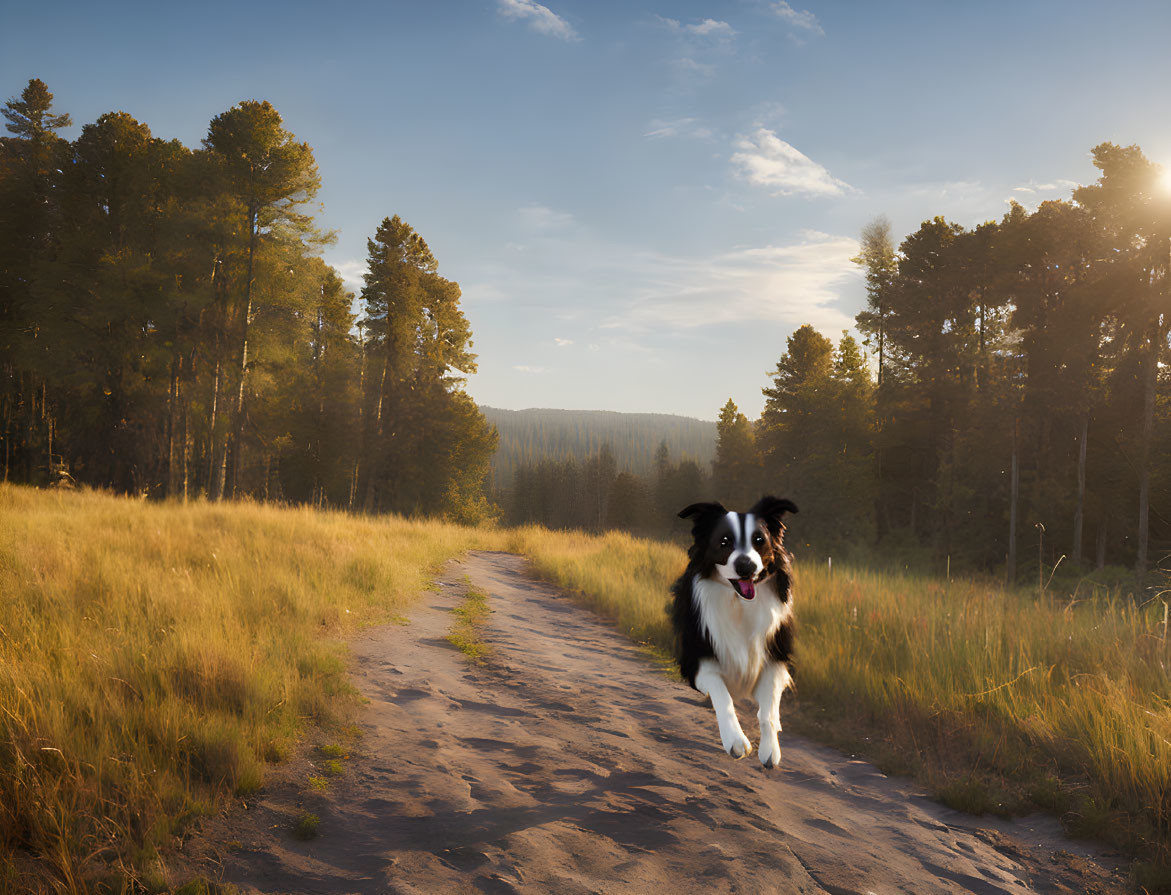 Border Collie running in sunny forest clearing