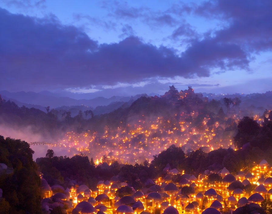 Hilly Landscape at Twilight with Glowing Lights