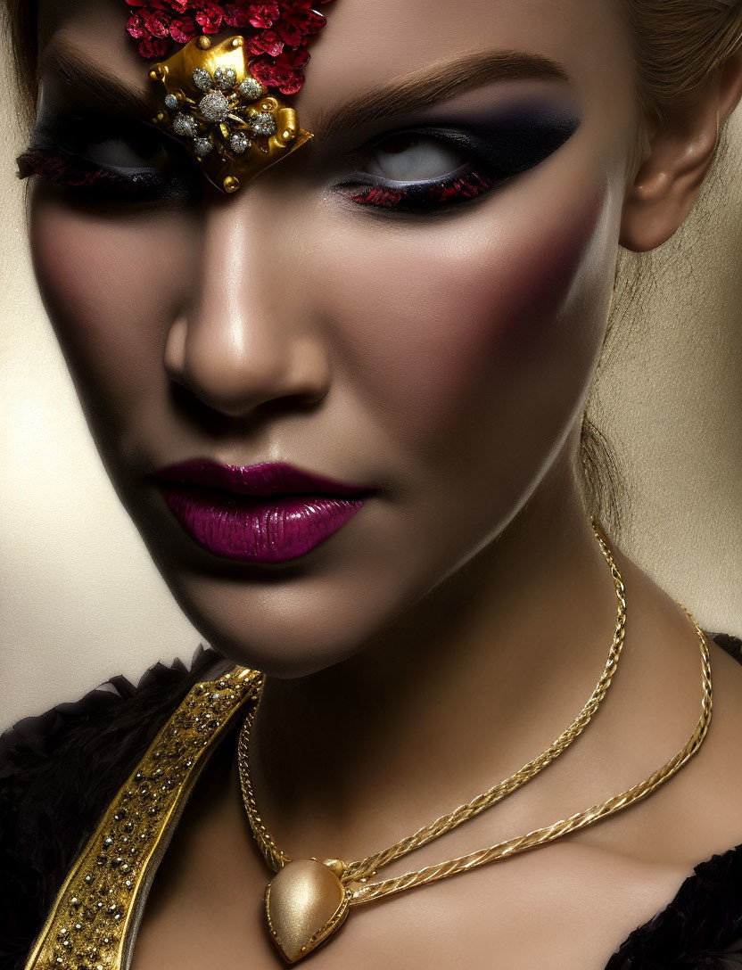 Woman with Black and Red Eyeshadow, Gold Headpiece, and Heart Necklace