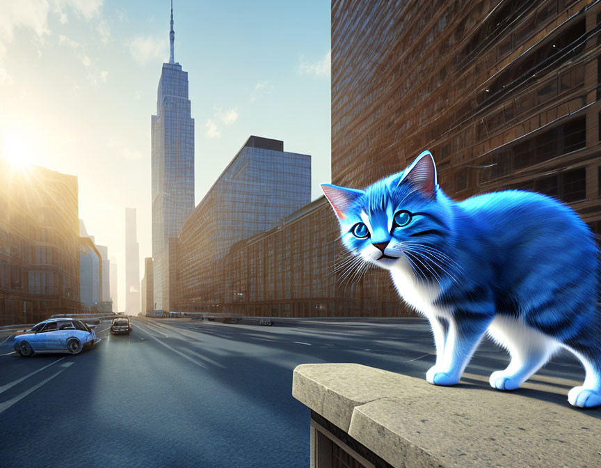 Vibrant blue cat on city sidewalk with skyscrapers & car