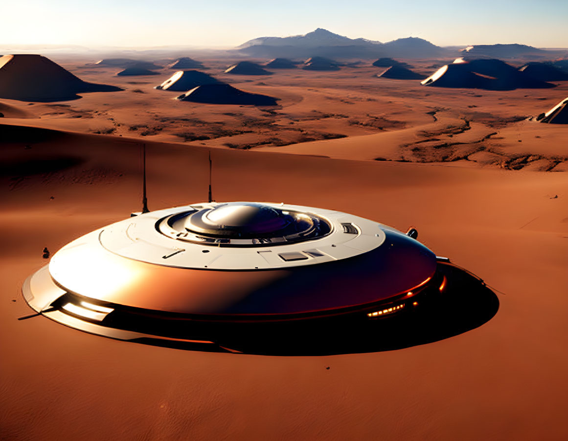 Futuristic spacecraft on desert-like alien planet with dunes and dusky sky