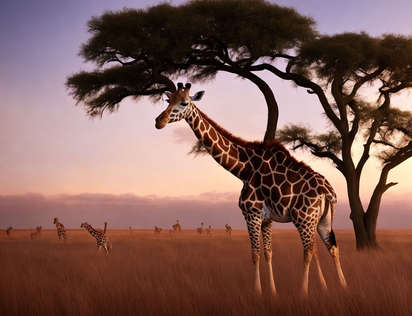 Savannah landscape with giraffes under vast sky and acacia tree