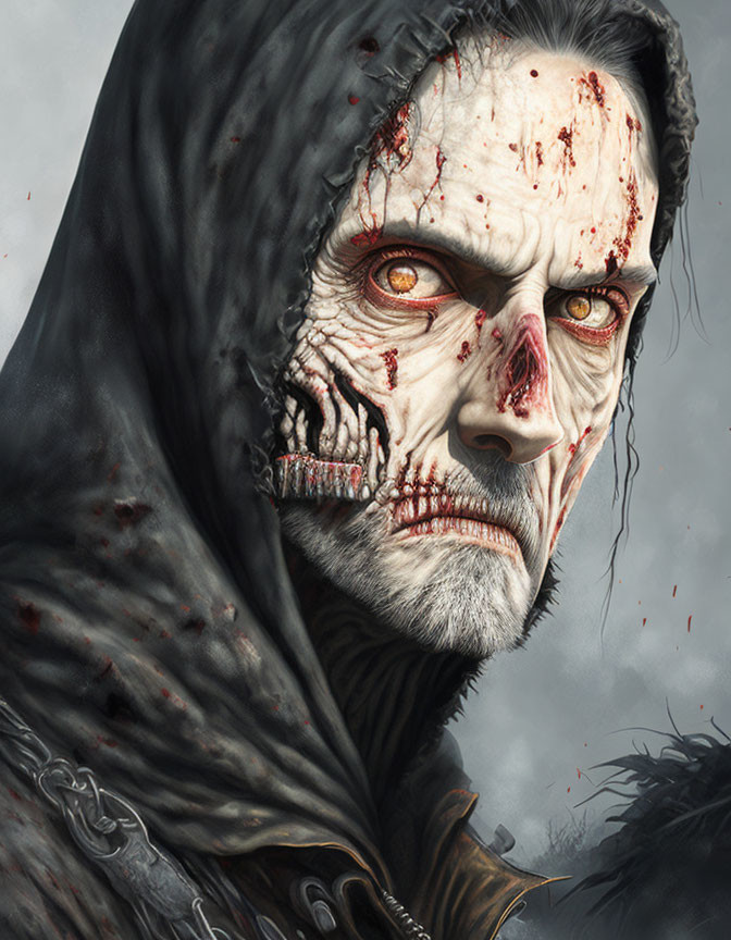 Pale, blood-splattered figure with stitched mouth in tattered black cloak