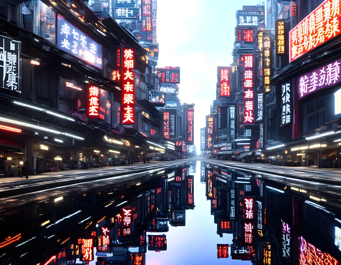 Futuristic cityscape at dusk with neon signs reflected on wet surface