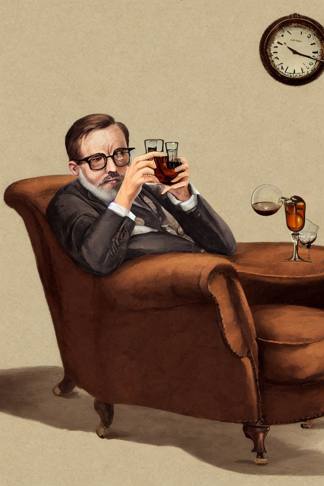 Man in suit with glasses lounging in armchair with drink, vintage clock on wall