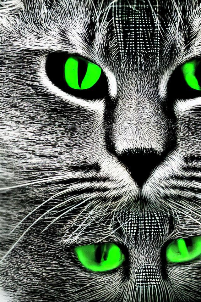 Detailed Close-Up of Cat with Striking Green Eyes and Fur Patterns