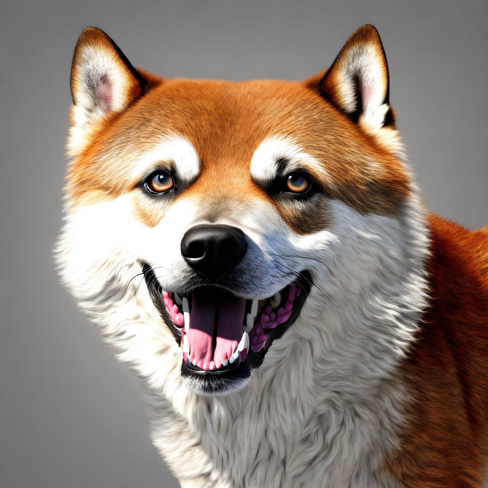 Detailed Close-Up of Shiba Inu Dog with Head Tilt, Shiny Fur, Bright Eyes