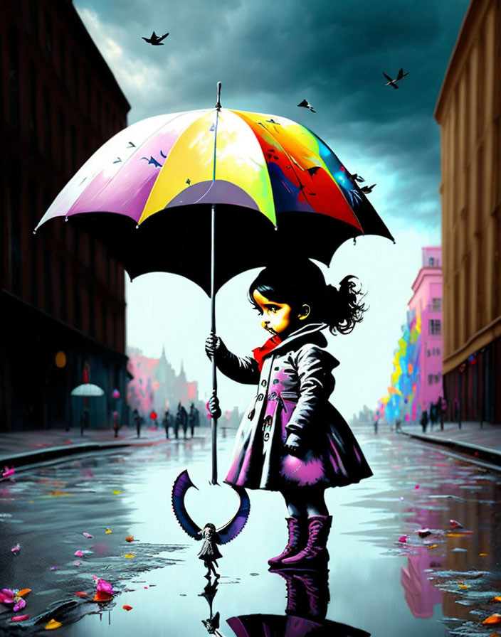 Person in Black Coat with Colorful Umbrella on Wet Street