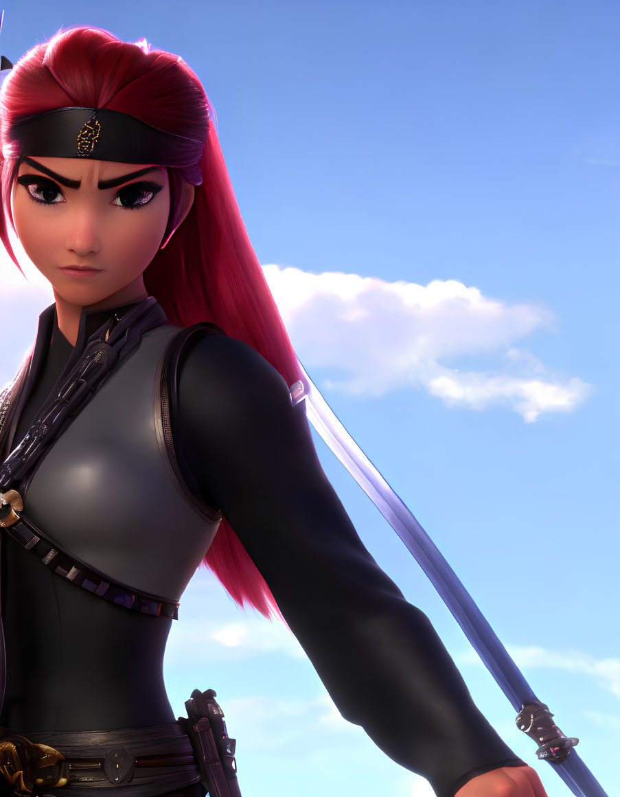 3D animated female warrior with red hair holding a sword on sky backdrop