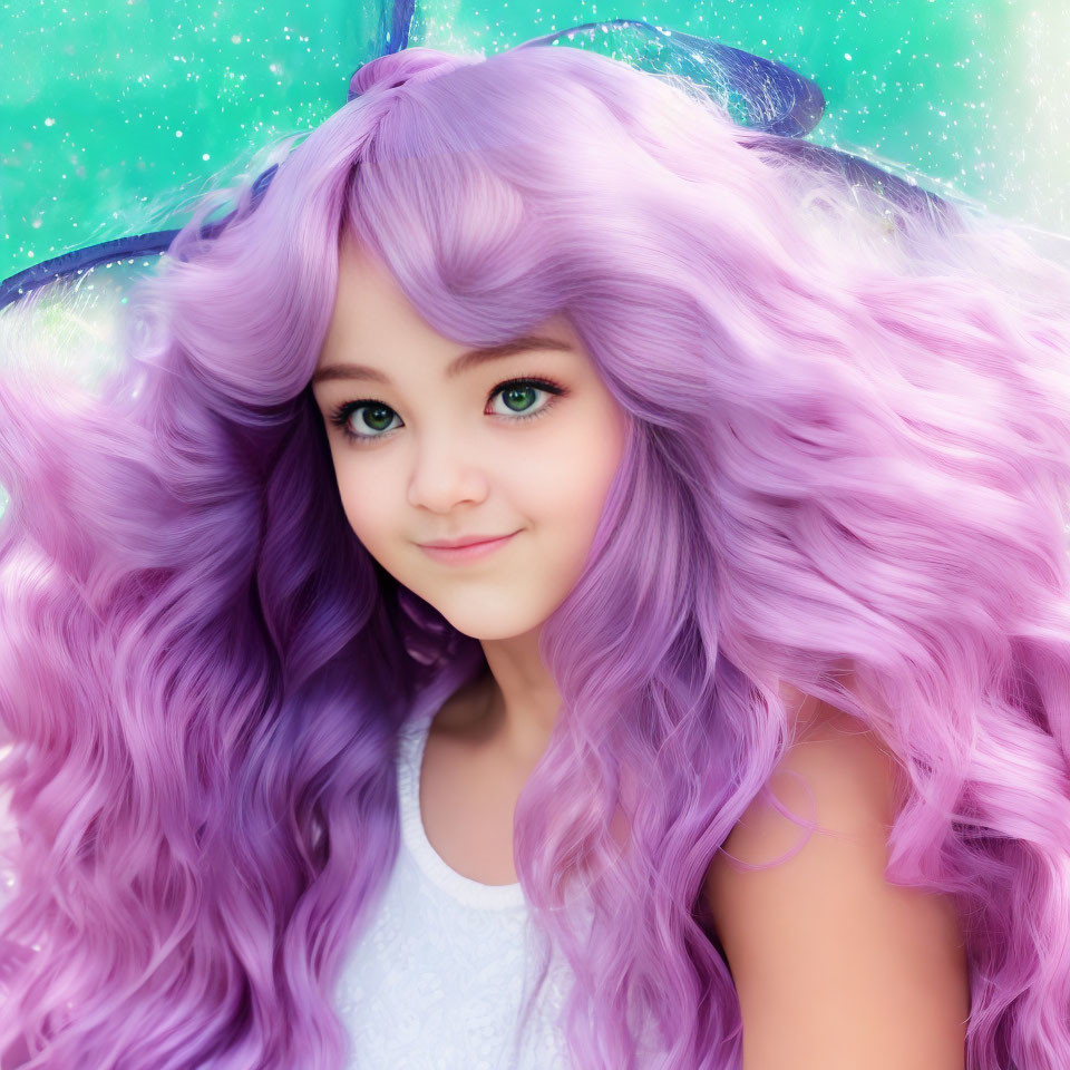 Young girl with green eyes and lavender hair on turquoise background