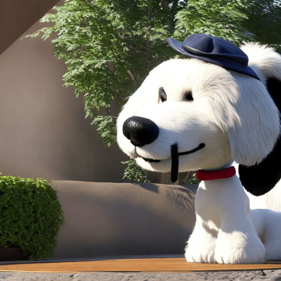 White Dog in Blue Hat and Red Collar Smiling Outdoors