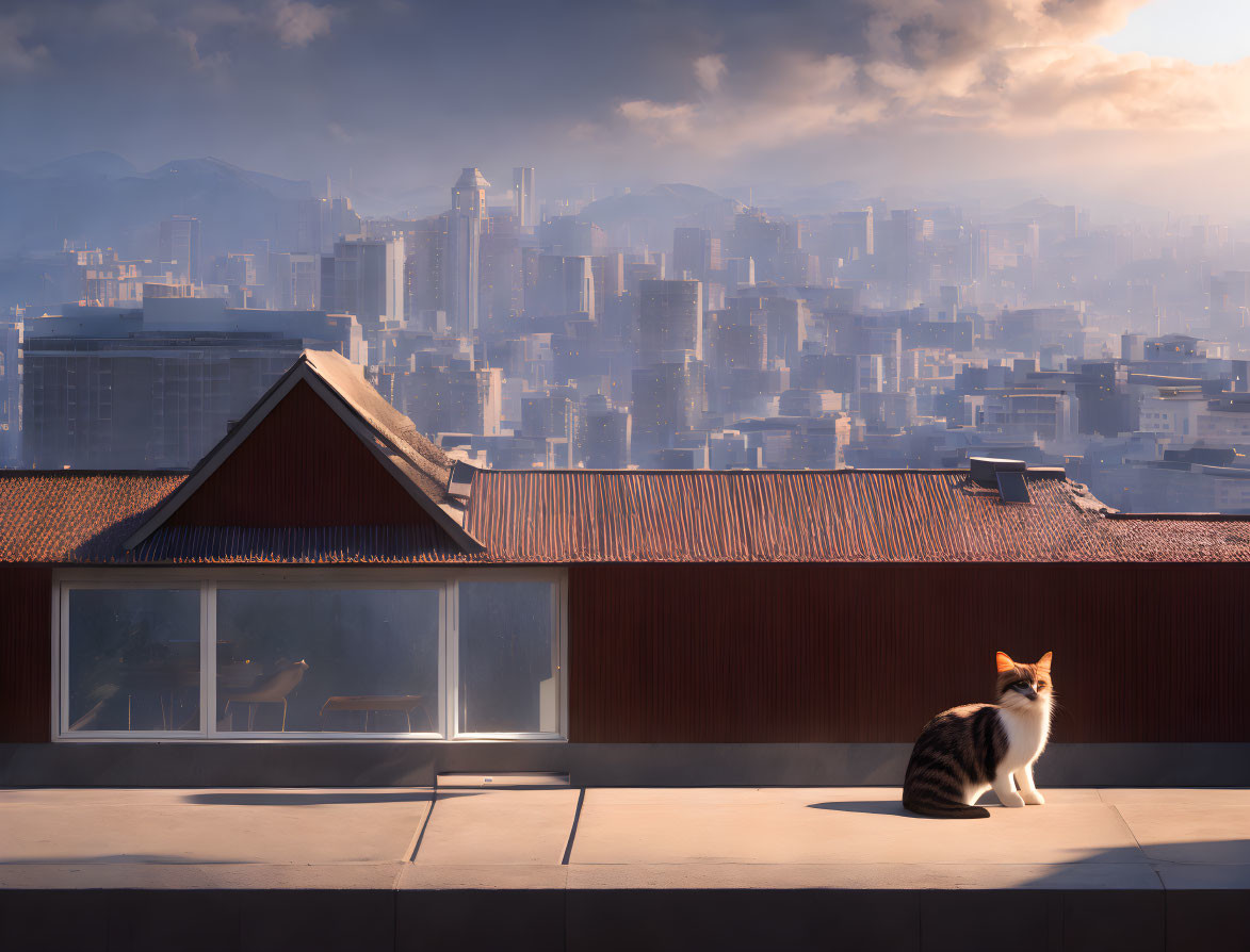 Cat on Rooftop at Sunrise Overlooking Cityscape with Hills in Distance