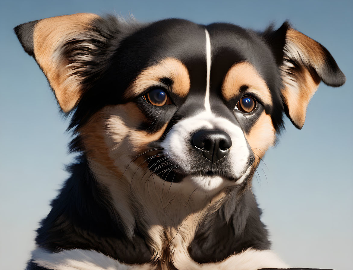 Tricolor Dog with Perked Ears and Brown Eyes on Pale Blue Background