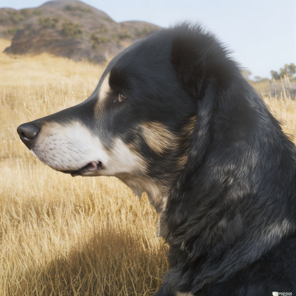 Black and White Dog with Thick Fur in Sunlit Grassland