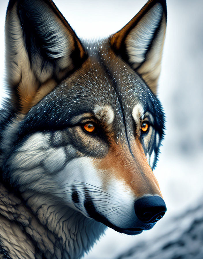 Close-up of wolf with vivid orange eyes and multicolored fur on snowy background