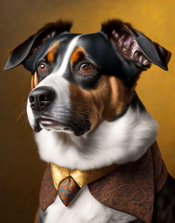 Tri-Colored Dog Portrait with Expressive Eyes and Ornate Tie on Golden Background