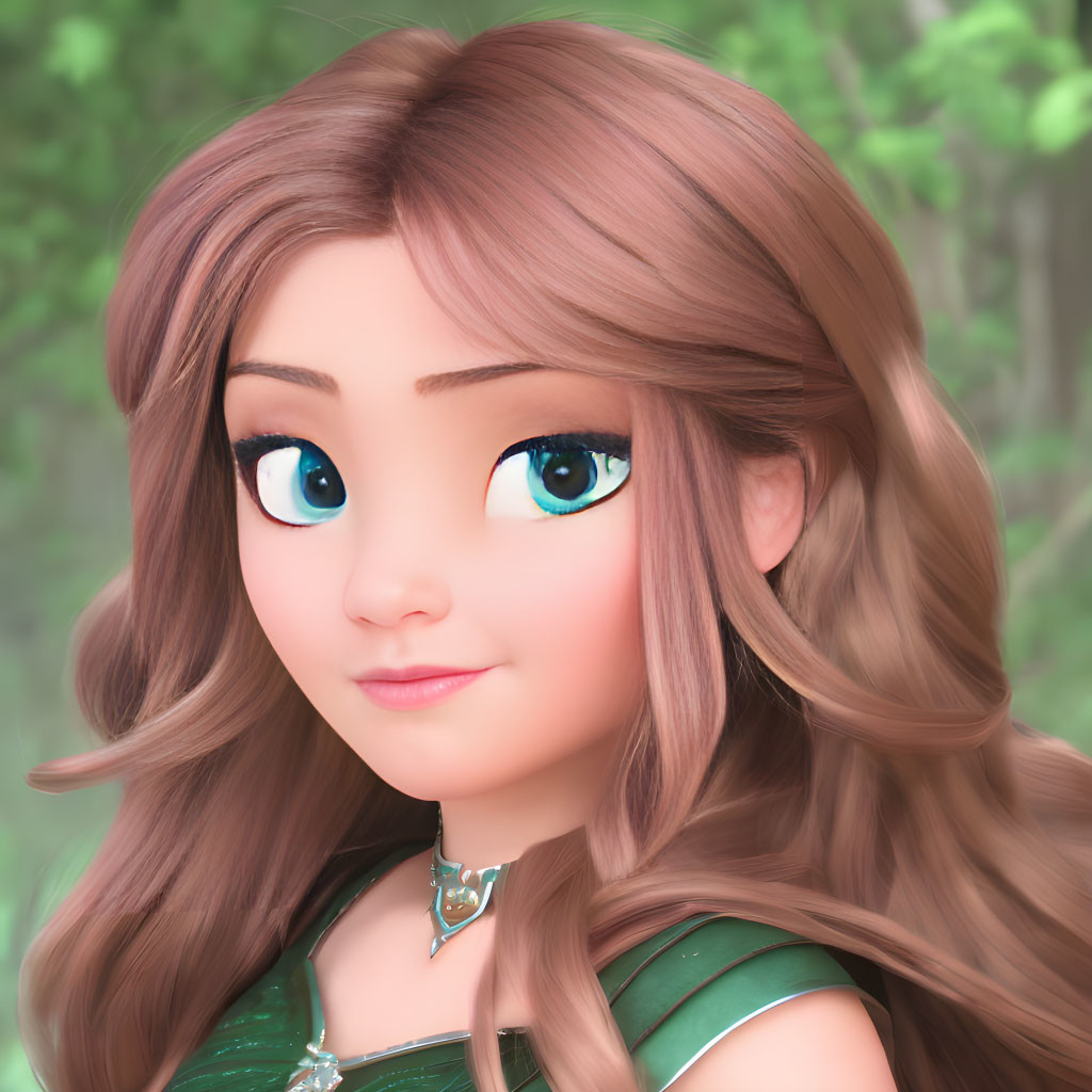 Blue-eyed animated character with wavy brown hair in green top against forest backdrop