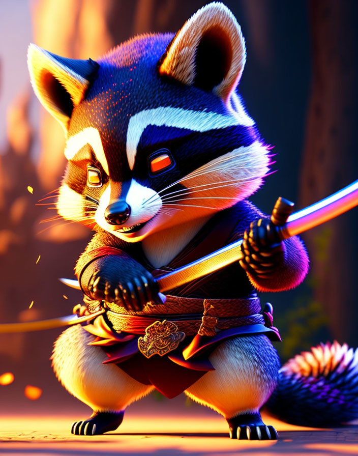 Animated raccoon character in martial arts stance with staff in forest setting