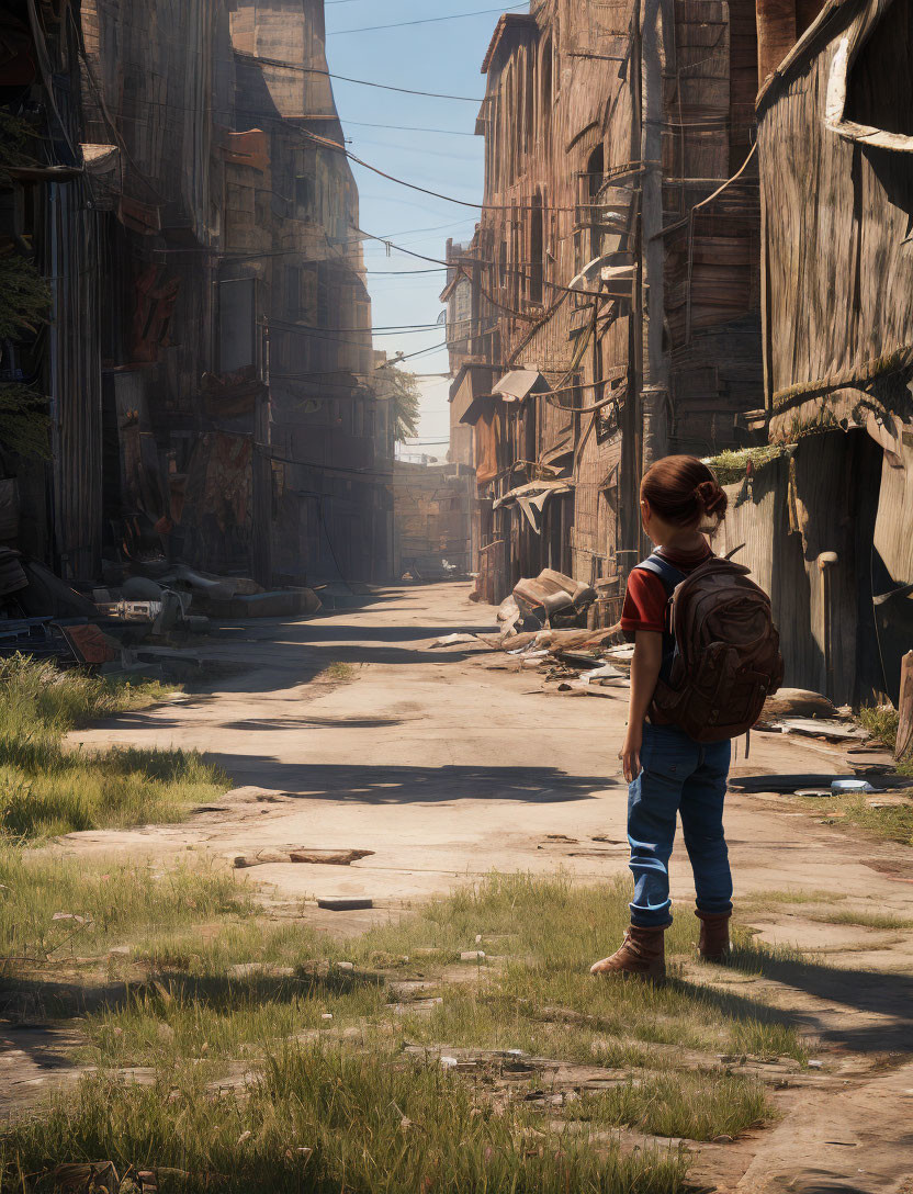 Child with backpack in deserted alley between dilapidated buildings under sunlit sky