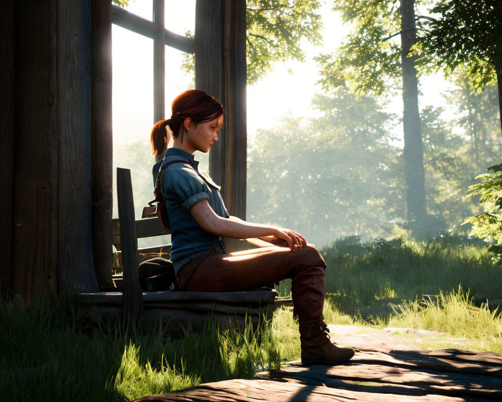 Young woman sitting on wooden chair by open window in rustic setting with morning light.