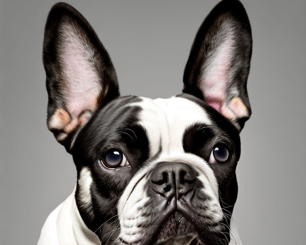 French Bulldog with black and white coat and bat-like ears