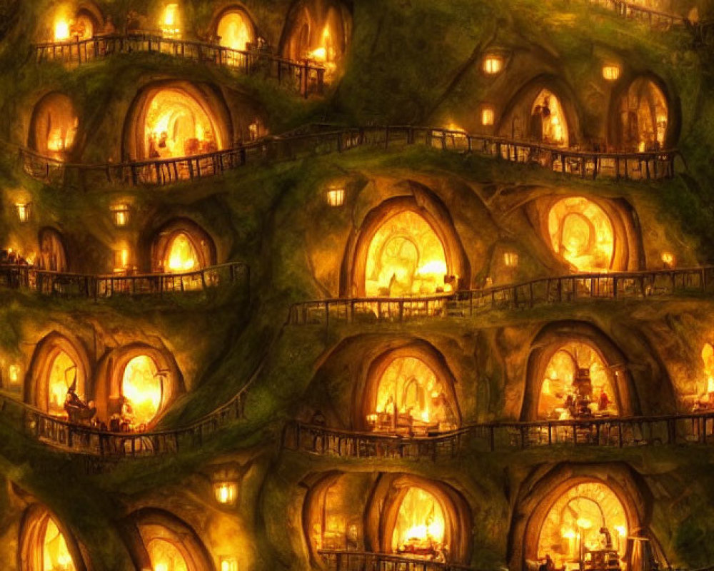 Enchanting underground village with glowing windows under yellow moon