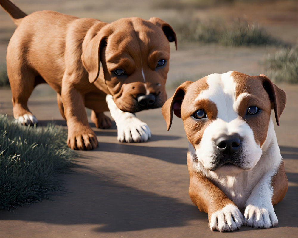 Brown and White Animated Puppies in Desert-Like Setting