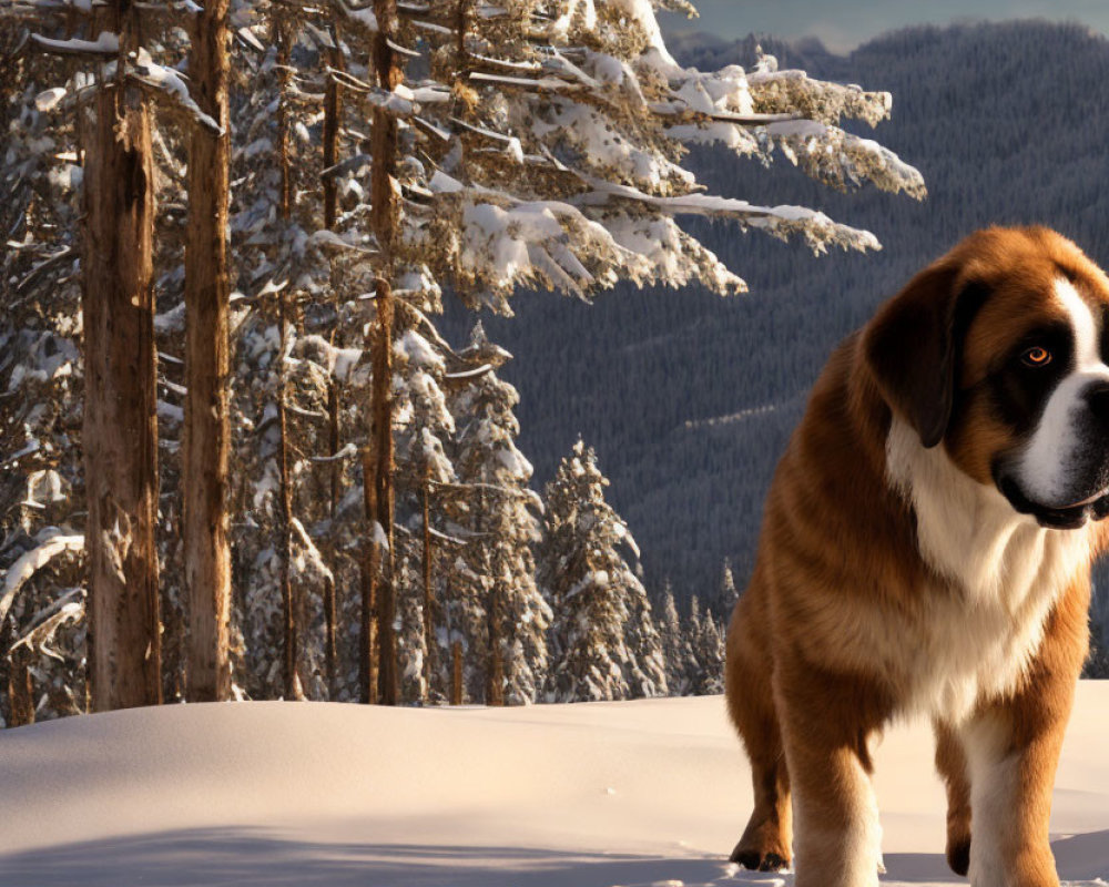 Saint Bernard Dog in Snowy Forest with Sunlit Trees and Mountains