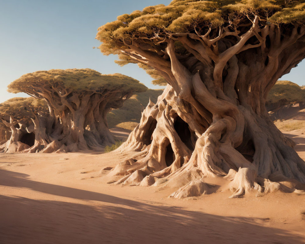 Gnarled Trunk Dragon Blood Trees in Sunlit Desert