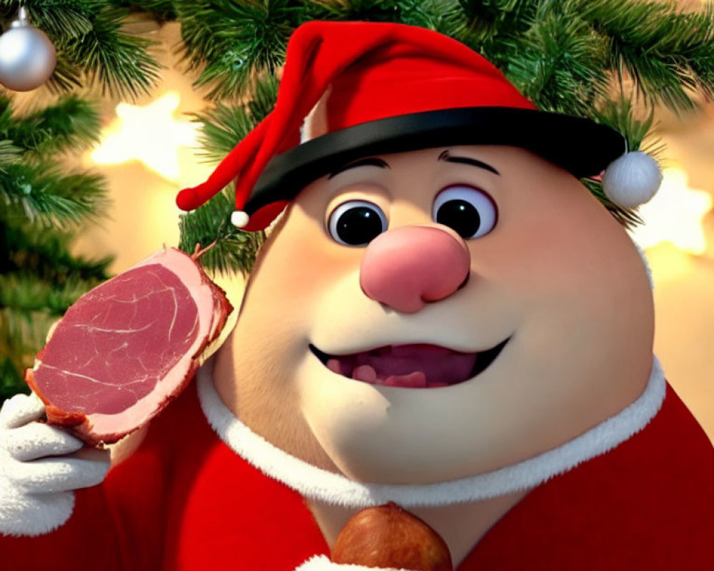 Santa Claus-like Character with Ham Slice and Christmas Tree Background