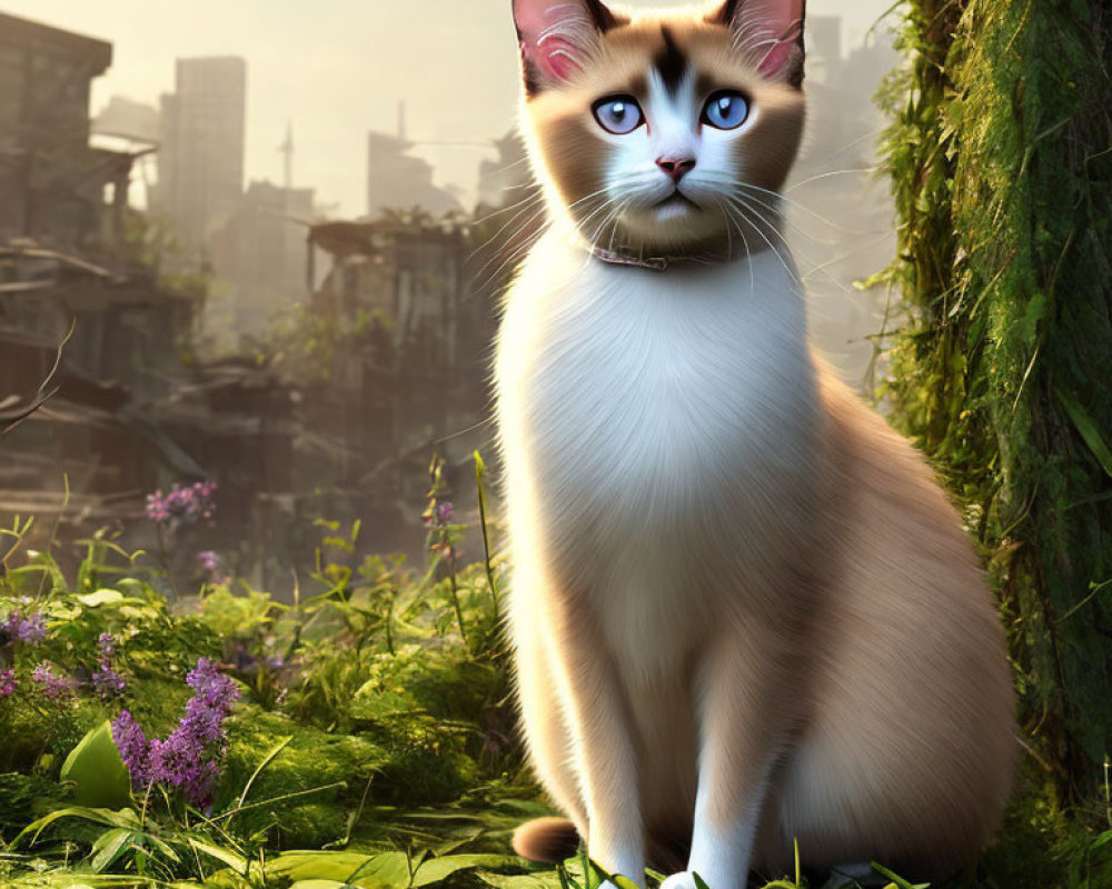 Siamese Cat with Blue Eyes in Green Environment and Urban Backdrop