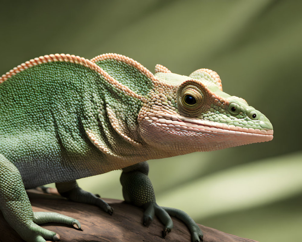 Green chameleon with textured skin perched on branch