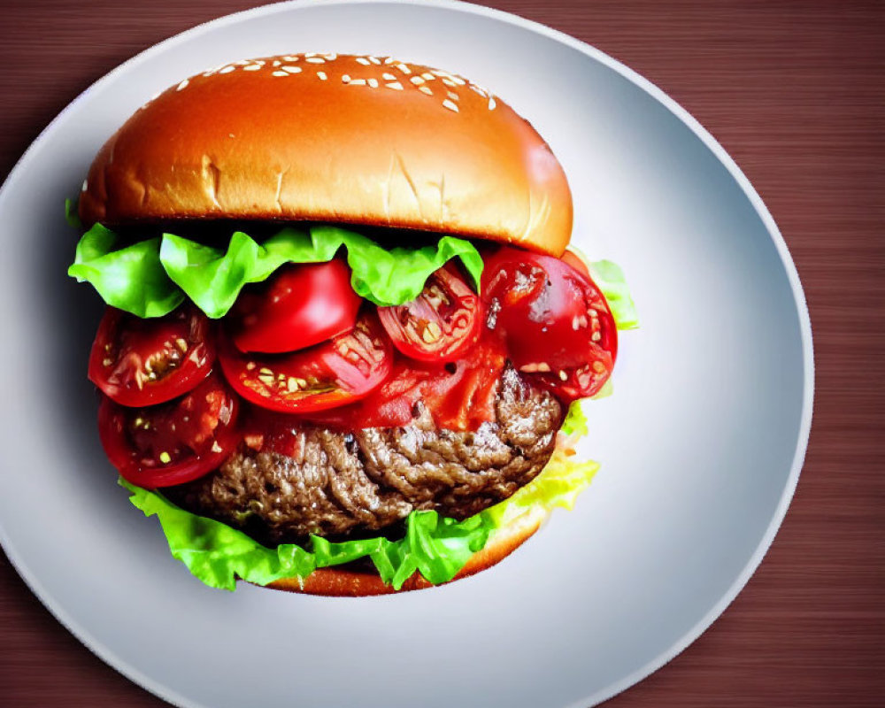 Classic hamburger with lettuce, tomatoes, beef patty on white plate, wooden background