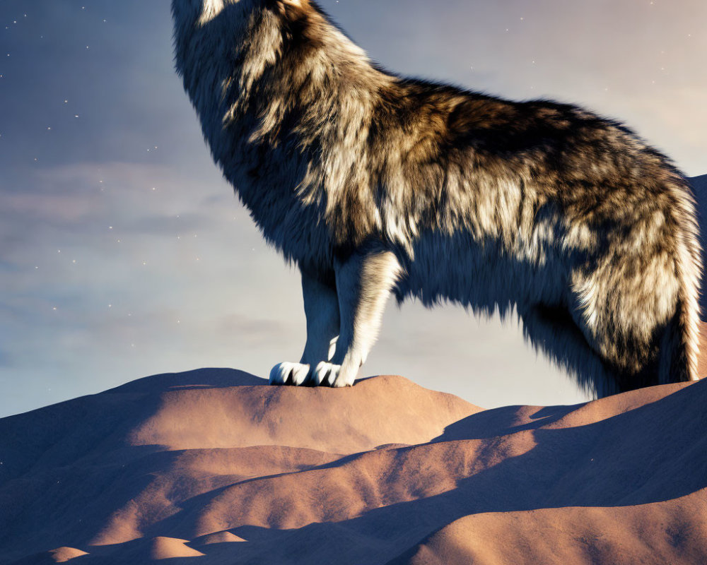 Wolf howling on sandy dune under twilight sky