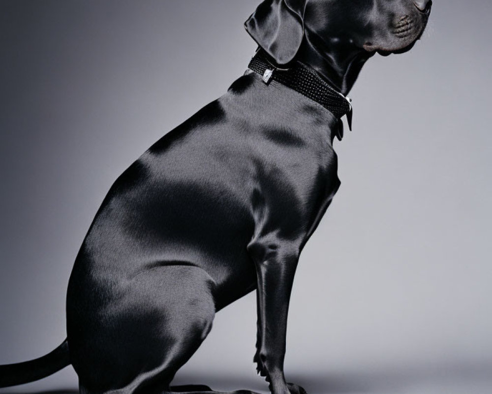 Black Dog with Shiny Coat and Collar on Gray Background