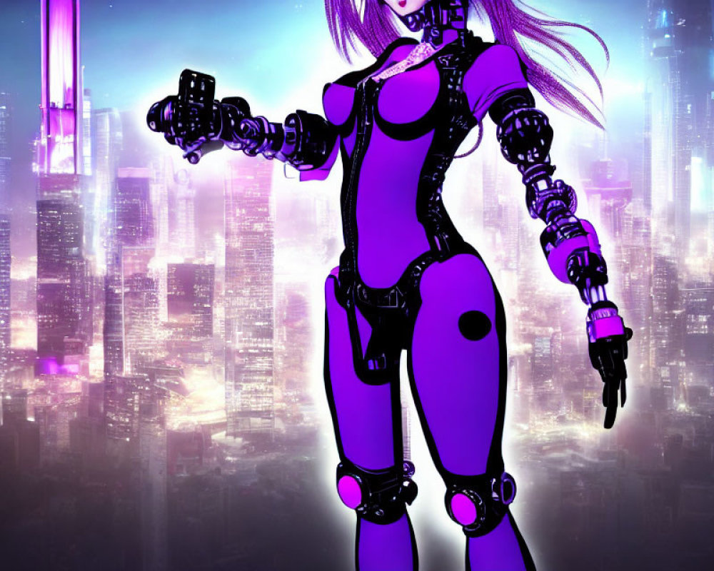 Female anime character with cybernetic enhancements in futuristic cityscape.