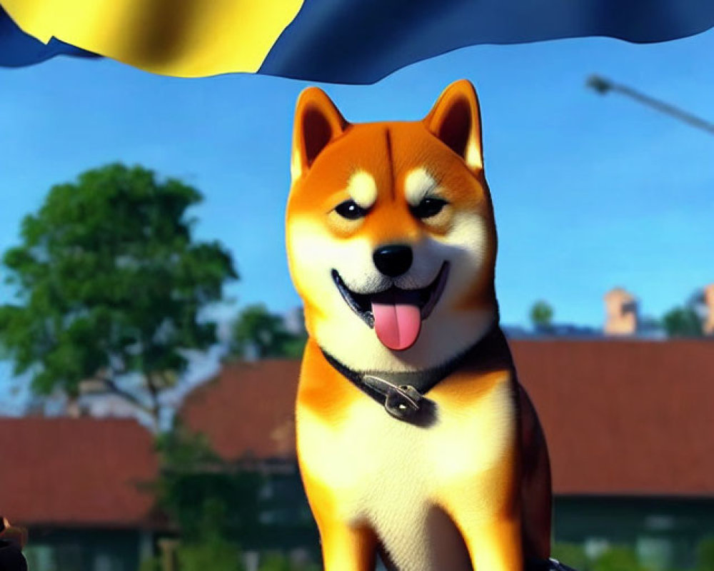 Smiling Shiba Inu Dog with Collar in Sunny Suburban Setting