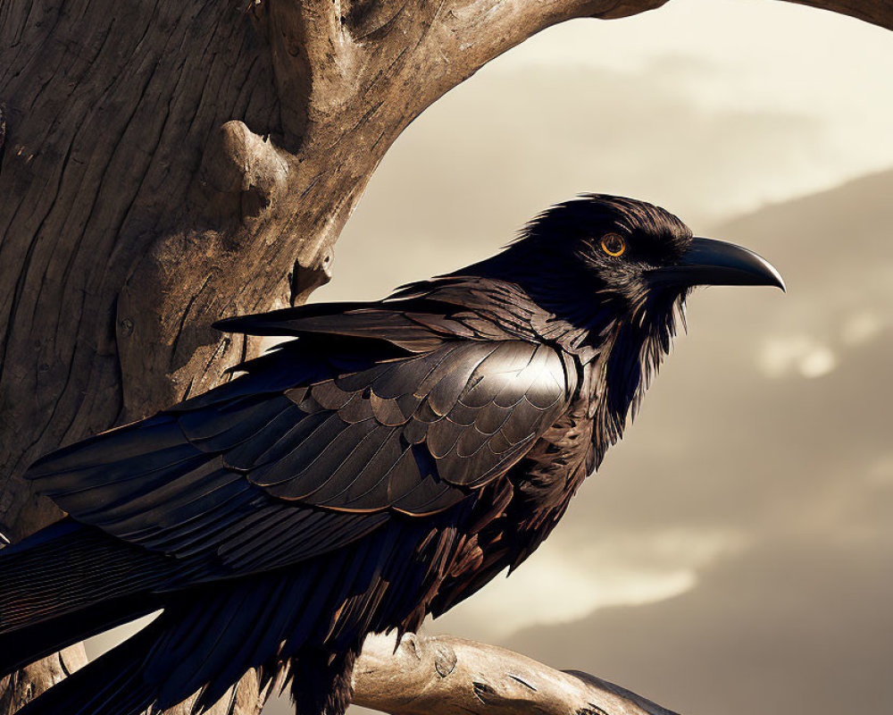 Raven perched on twisted tree branch under dramatic cloudy sky