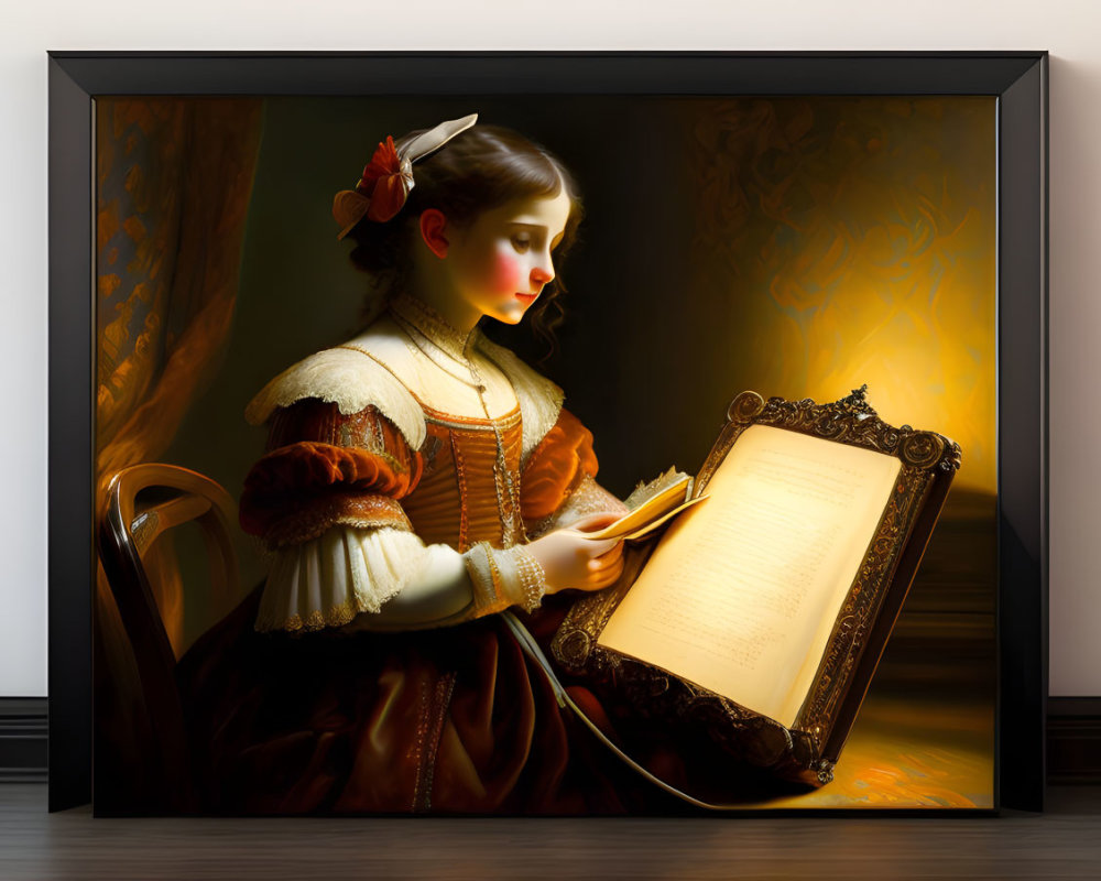 Vintage clothing young woman reading book in warm light against dark background