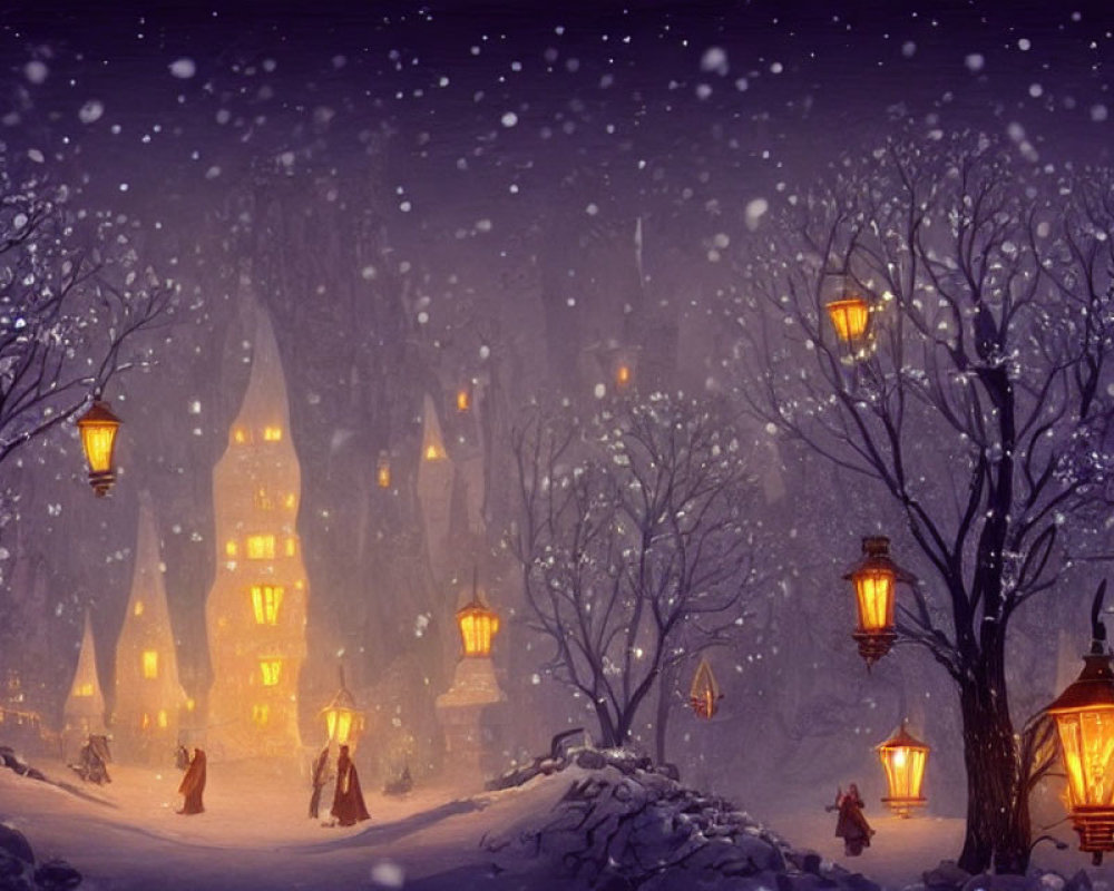 Winter snowfall scene with lanterns and figures walking towards castle-like building