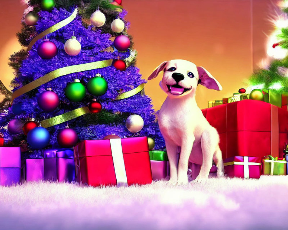 Cheerful dog with Christmas tree and gifts in festive setting