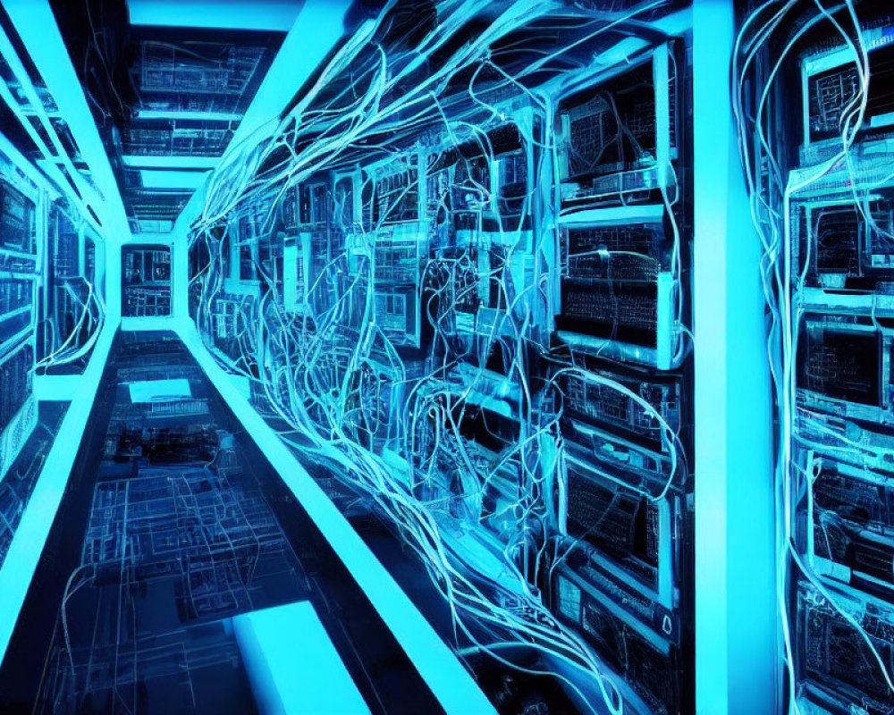 Futuristic server room with blue lighting and computing equipment racks