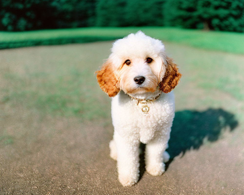 Fluffy White Dog with Brown Ears and Collar on Grass