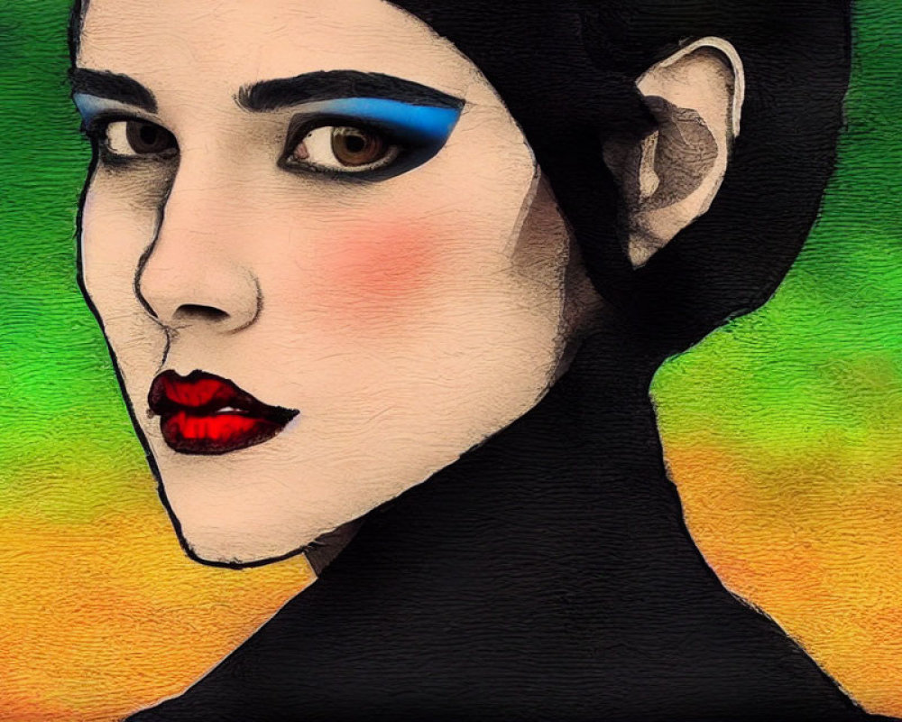 Bold Makeup Portrait with Blue Eyeshadow and Red Lipstick