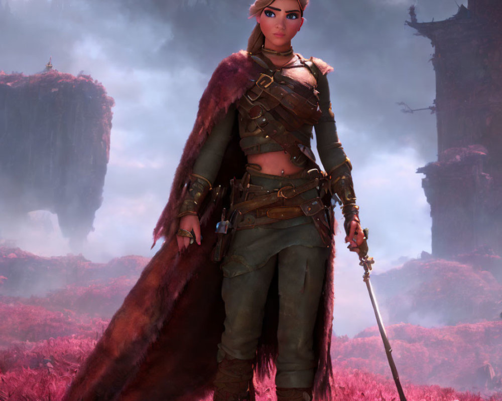 Blonde Warrior Woman in Brown Leather Armor and Fur Cloak on Fantasy Background