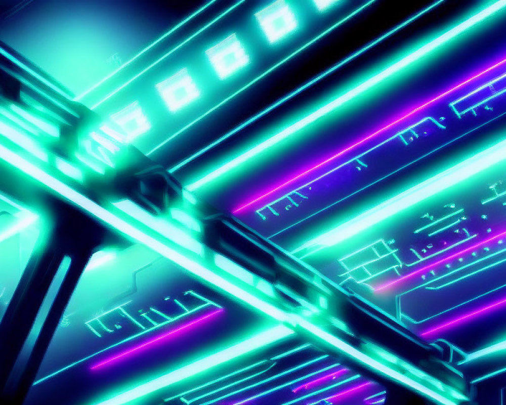 Futuristic tunnel with neon-lit purple and blue lights and cybernetic patterns