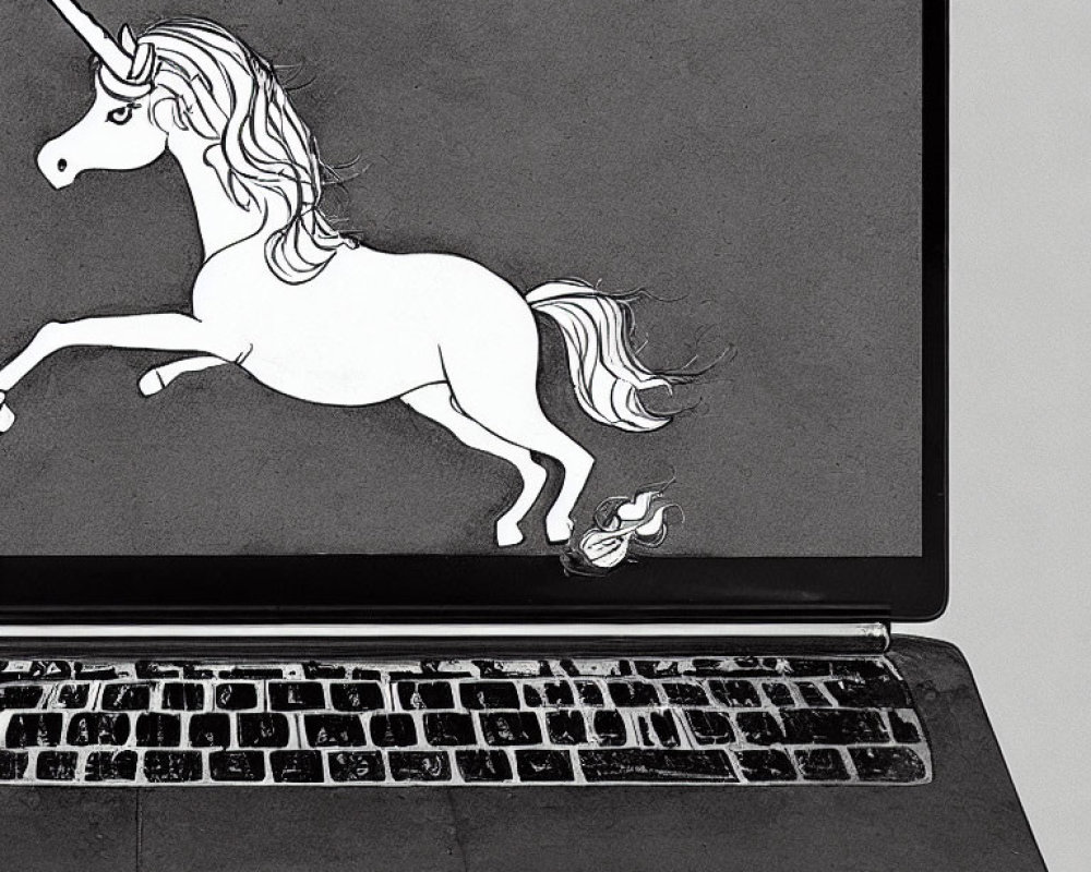 Laptop with unicorn drawing and astronaut silhouette artwork