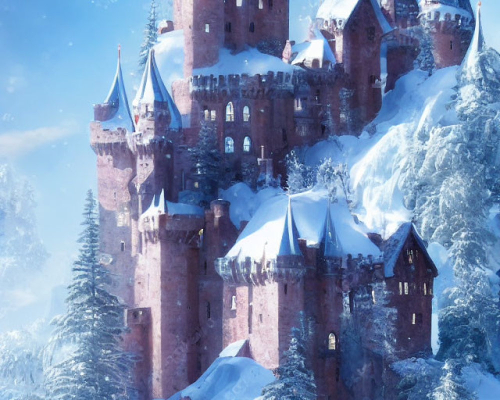 Snow-covered castle with towering spires in moonlit forest